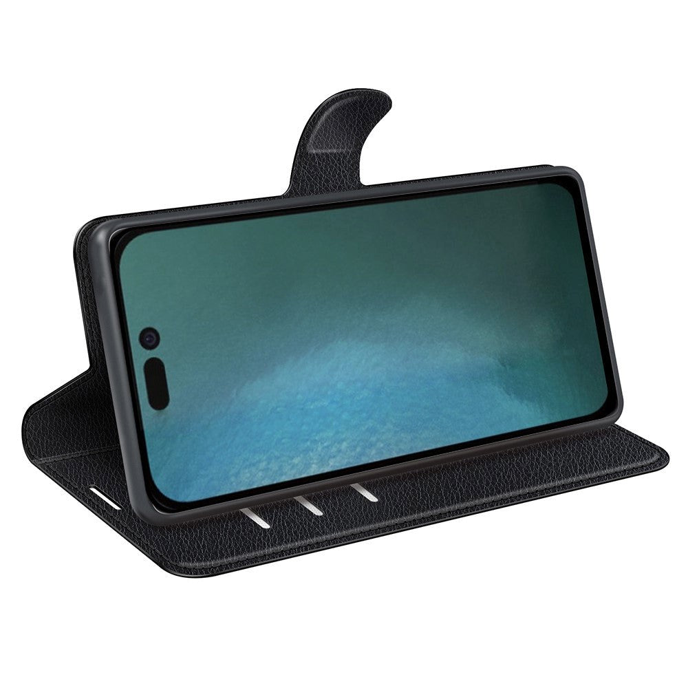 iPhone 14 PU Litchi Læder Flip Cover m. Pung & Ståfunktion - Sort