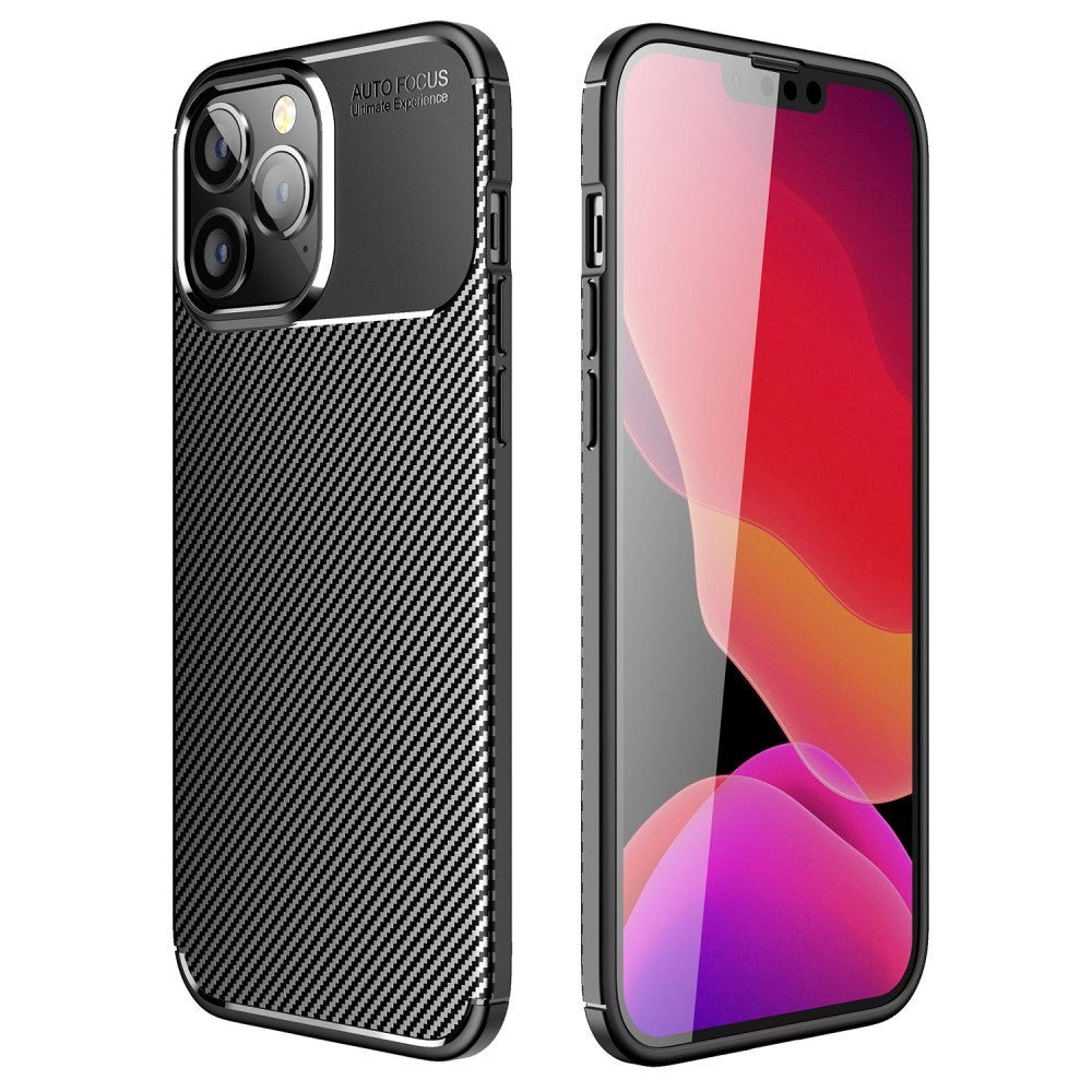 iPhone 14 Pro Carbon Fiber Fleksibelt Plastik Bagside Cover - Sort