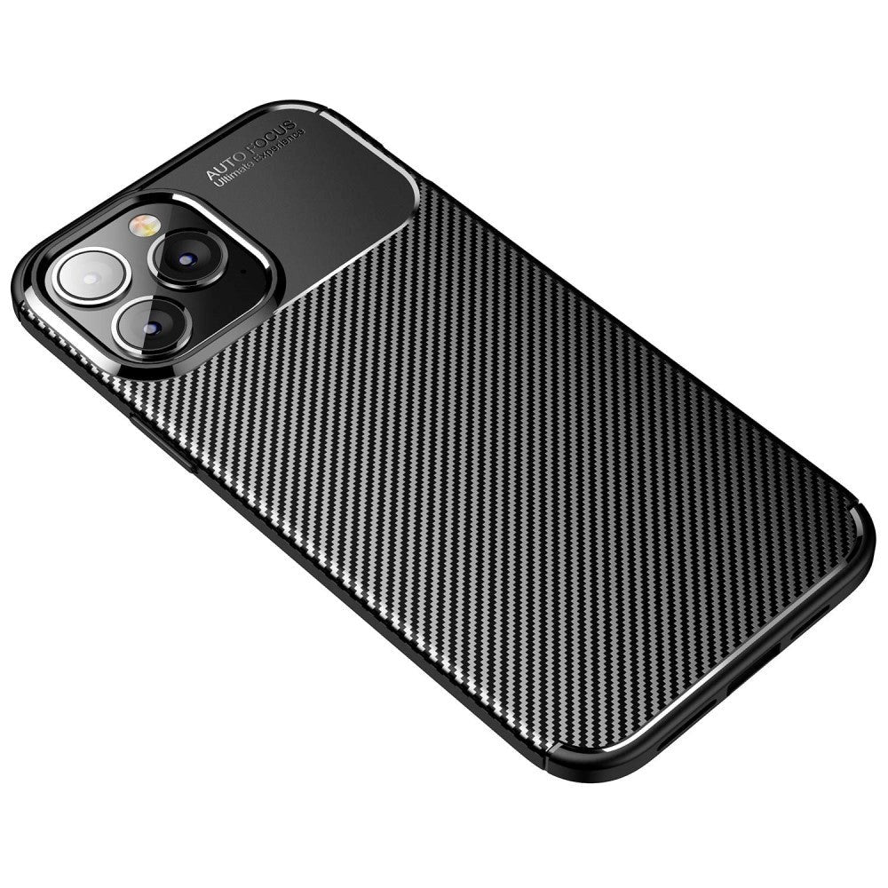 iPhone 14 Pro Carbon Fiber Fleksibelt Plastik Bagside Cover - Sort