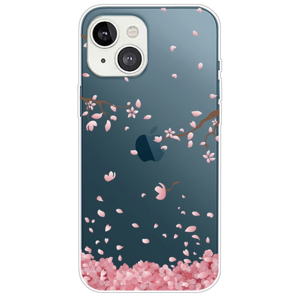 iPhone 14 Fleksibel Bagside Cover - Gennemsigtig m. Lyserøde Blomster