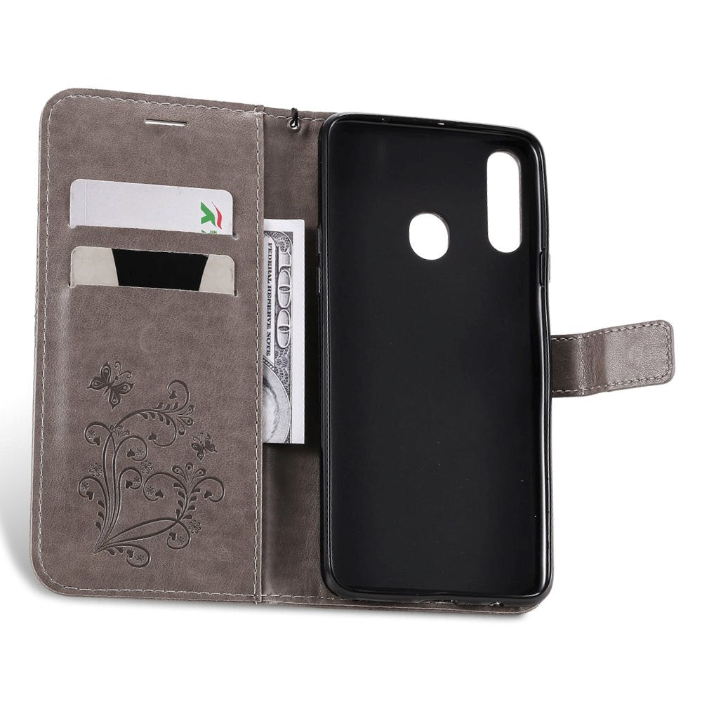 Samsung Galaxy A20s Læder Cover m. Kortholder Sommerfugl - Grå