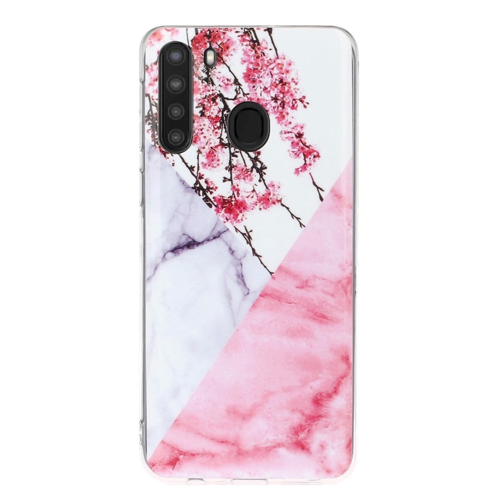 Samsung Galaxy A21 Fleksibel Plastik Bagside Cover m. Marmor Print - Lyserød Blomster / Marmor