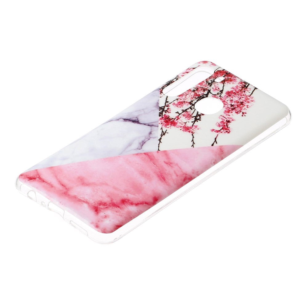 Samsung Galaxy A21 Fleksibel Plastik Bagside Cover m. Marmor Print - Lyserød Blomster / Marmor