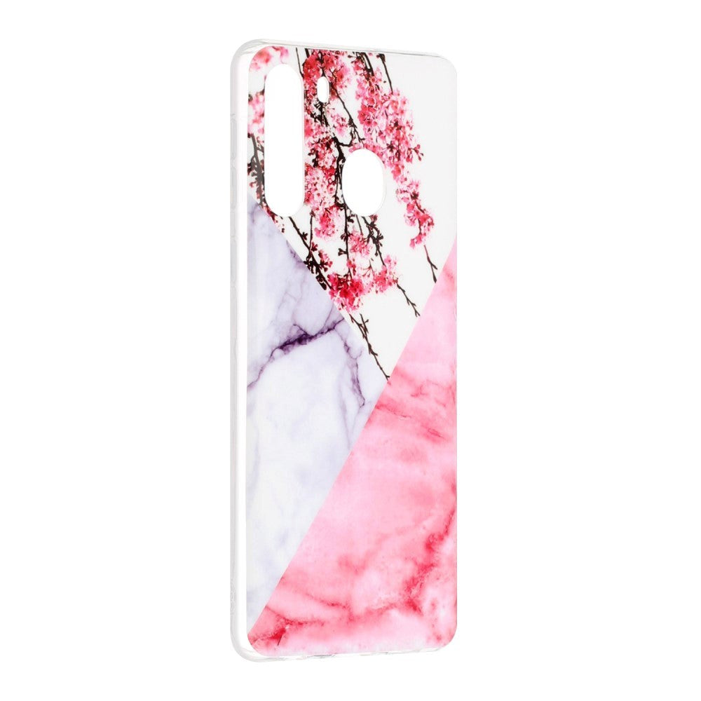 Samsung Galaxy A21 Fleksibel Plastik Bagside Cover m. Marmor Print - Lyserød Blomster / Marmor