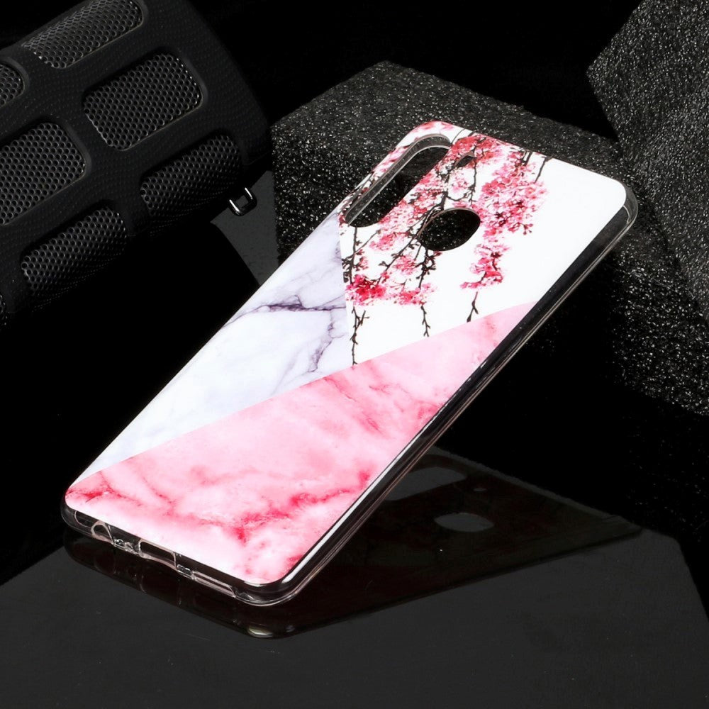 Samsung Galaxy A21 Fleksibel Plastik Bagside Cover m. Marmor Print - Lyserød Blomster / Marmor