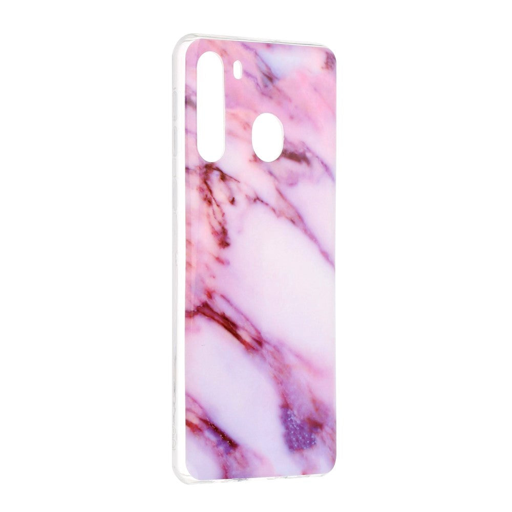 Samsung Galaxy A21 Fleksibel Plastik Bagside Cover m. Marmor Print - Lilla Marmor