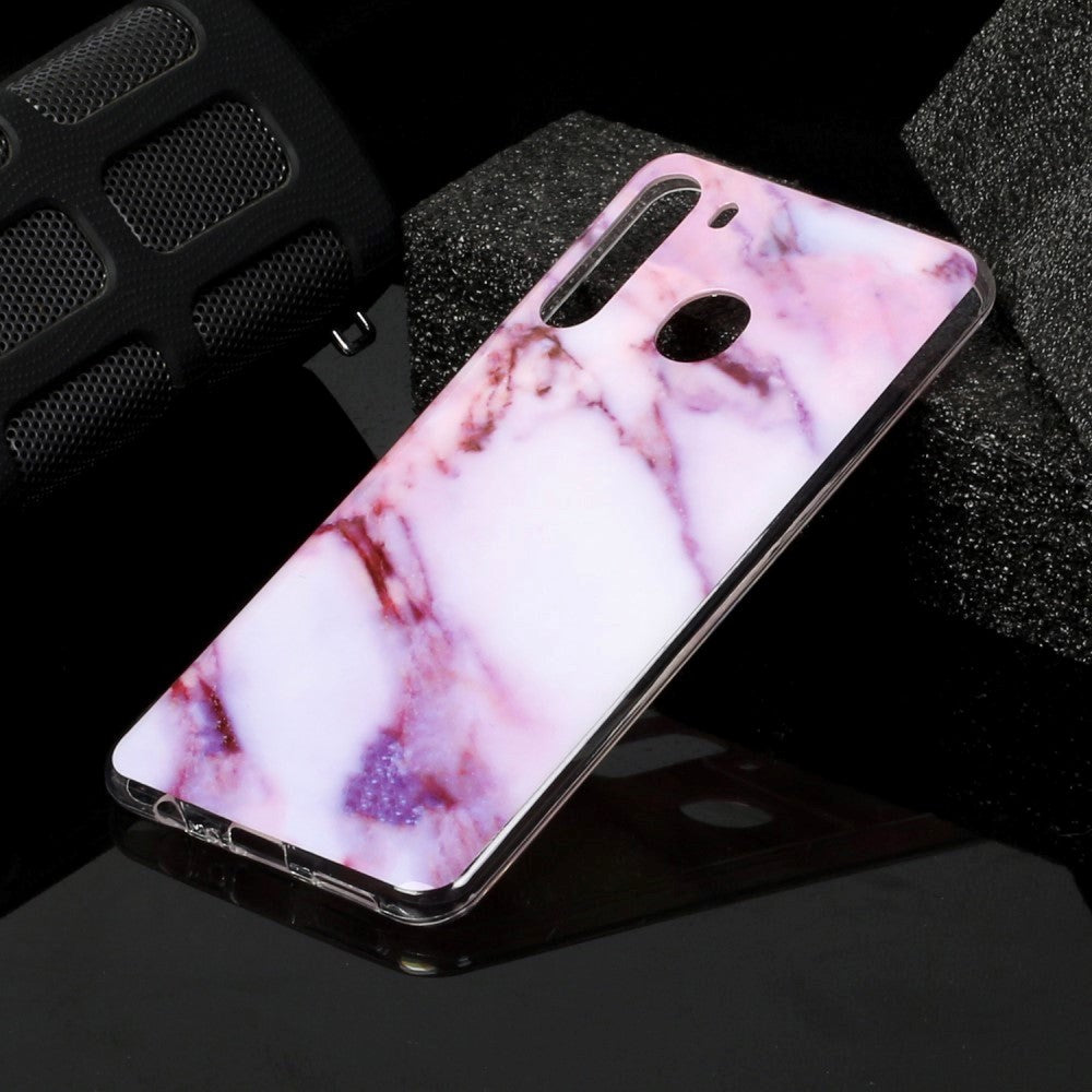 Samsung Galaxy A21 Fleksibel Plastik Bagside Cover m. Marmor Print - Lilla Marmor