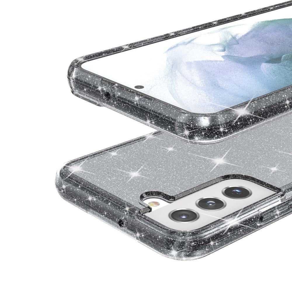 Samsung Galaxy S22 Hybrid Plastik Bagside Cover Gennemsigtig - Sort Glitter
