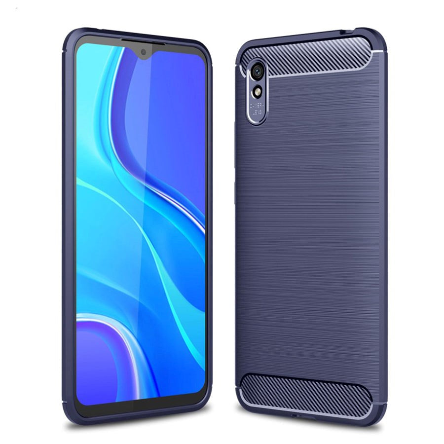 Xiaomi Redmi 9A / 9AT Brushed Carbon Fiber Bagside Cover - Blå