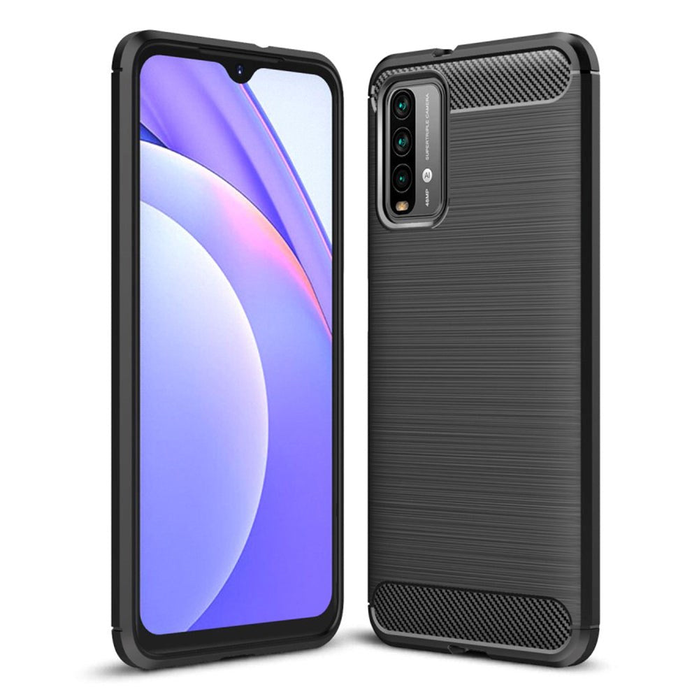 Xiaomi Poco M3 Brushed Carbon Fiber Bagside Cover - Sort