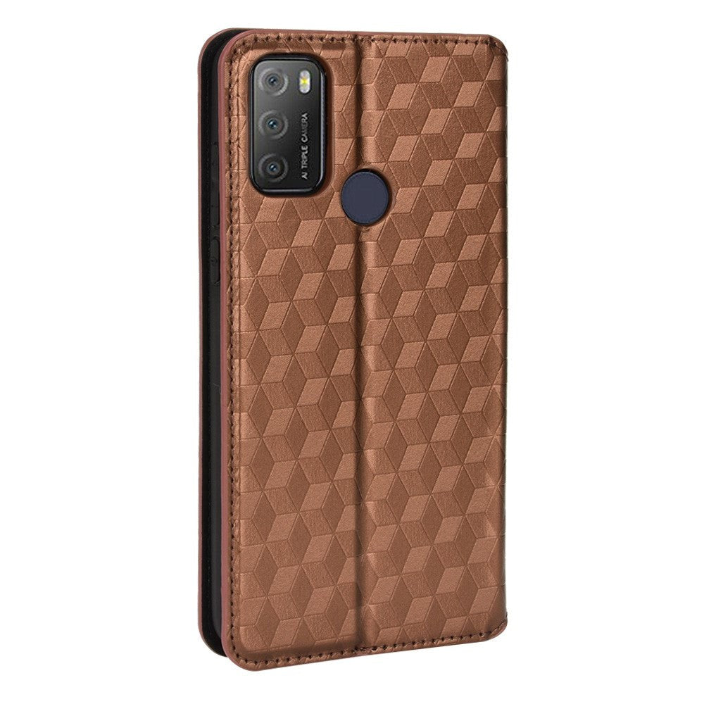 Alcatel 1S (2021) / 3L (2021) PU Læder Flip Cover m. Pung - Rhombus - Brun