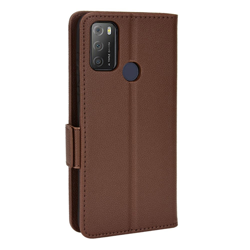 Alcatel 1S (2021) / 3L (2021) PU Litchi Læder Flip Cover m. Pung - Brun