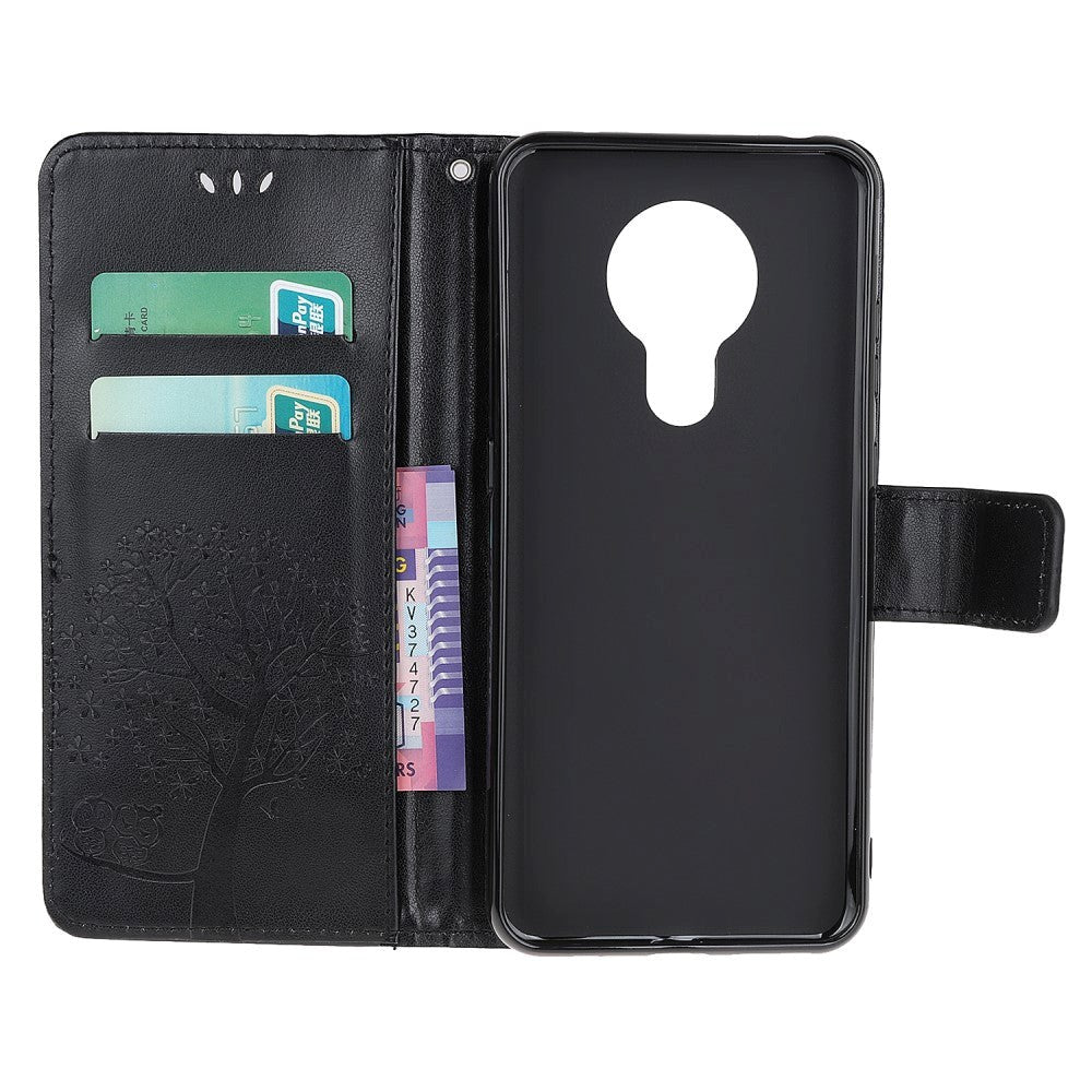 Nokia 5.3 Læder Flip Cover m. Pung - Ugler i Træ Sort