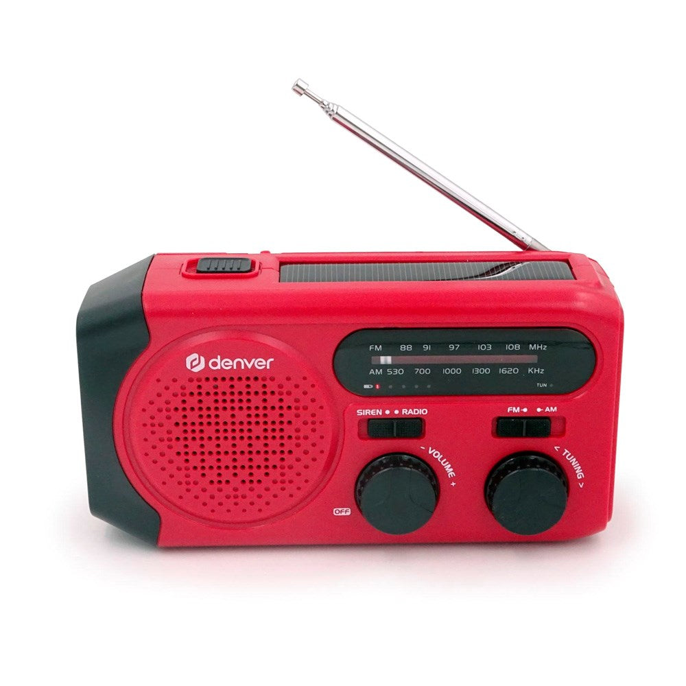 Denver Nødradio m. Indbygget Solcelleopladning & AM / FM Radio & Lommelygte - Rød