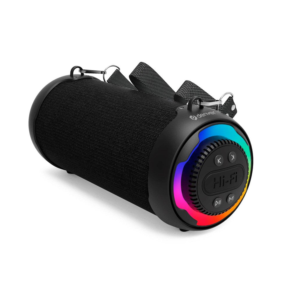 Denver Bærbar Trådløs Bluetooth Højtaler m. RGB-Lys & Bærestrop - Sort