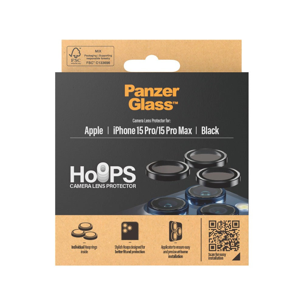 iPhone 15 Pro / 15 Pro Max PanzerGlass Hoops - Beskyttelse til Kamera - Platinum Strength - Gennemsigtig / Sort
