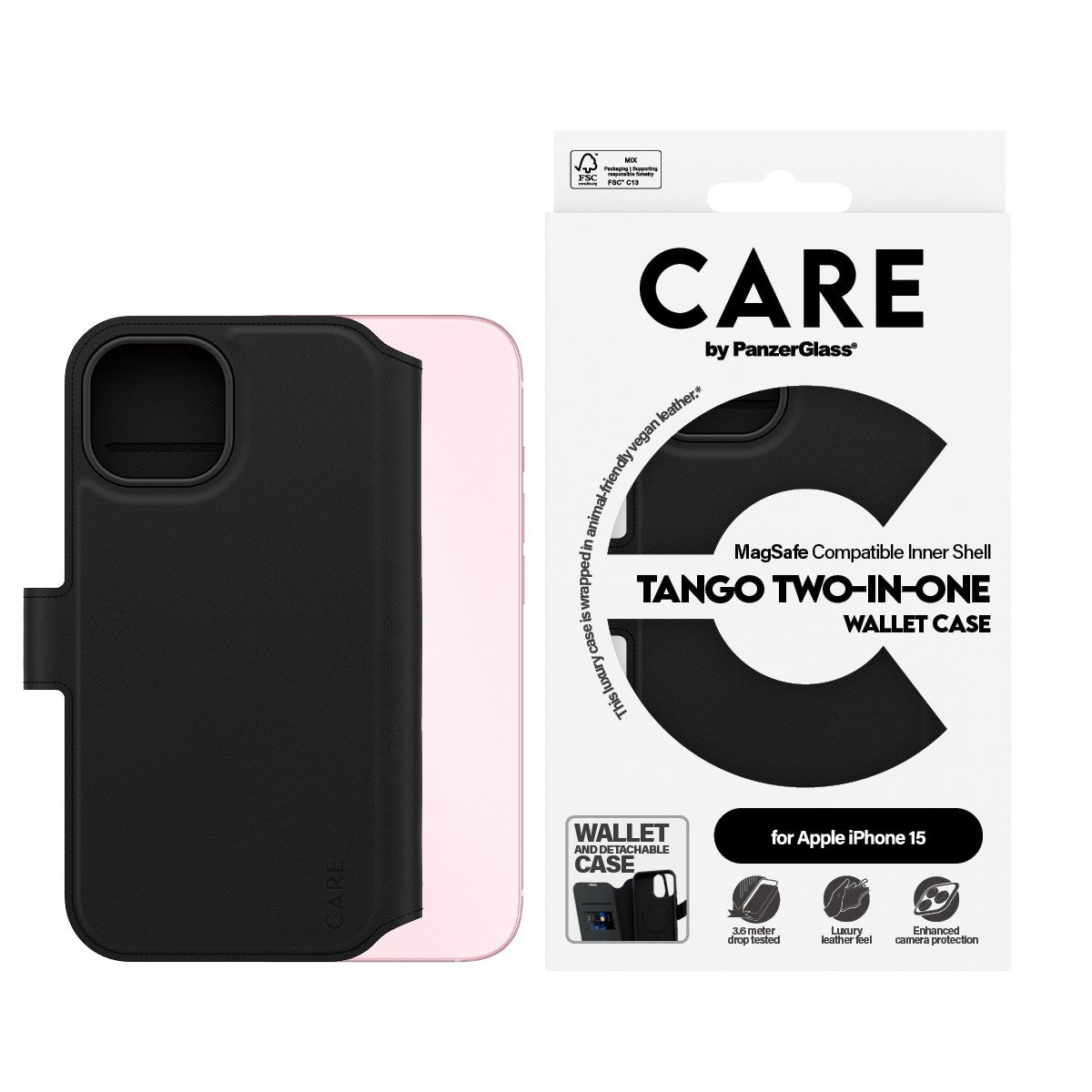 CARE by PanzerGlass iPhone 15 Feature Tango 2-in-1 Flip Cover m. Pung - Sort