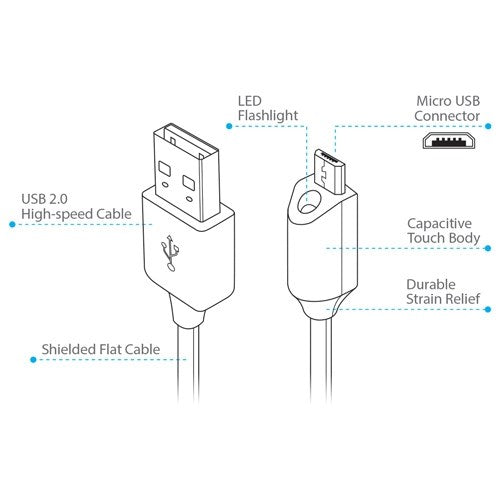 Naztech Micro-USB kabel med Lys 1.8m - Sort