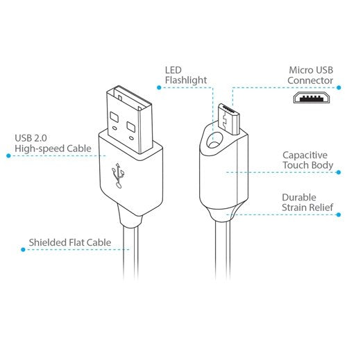 Naztech Micro-USB kabel med Lys 1.8m - Hvid