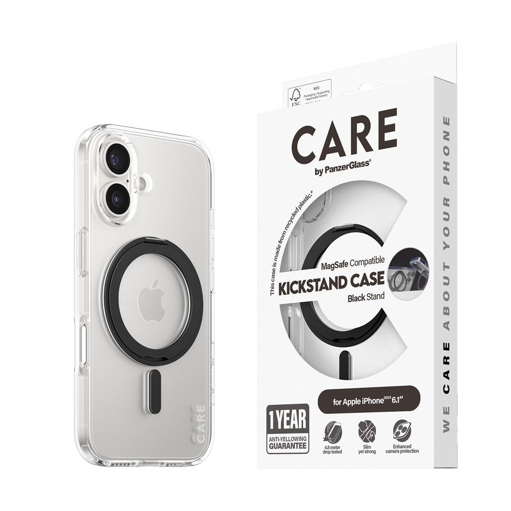 CARE by PanzerGlass iPhone 16 Feature Kickstand Cover - MagSafe Kompatibel - Transparent / Black