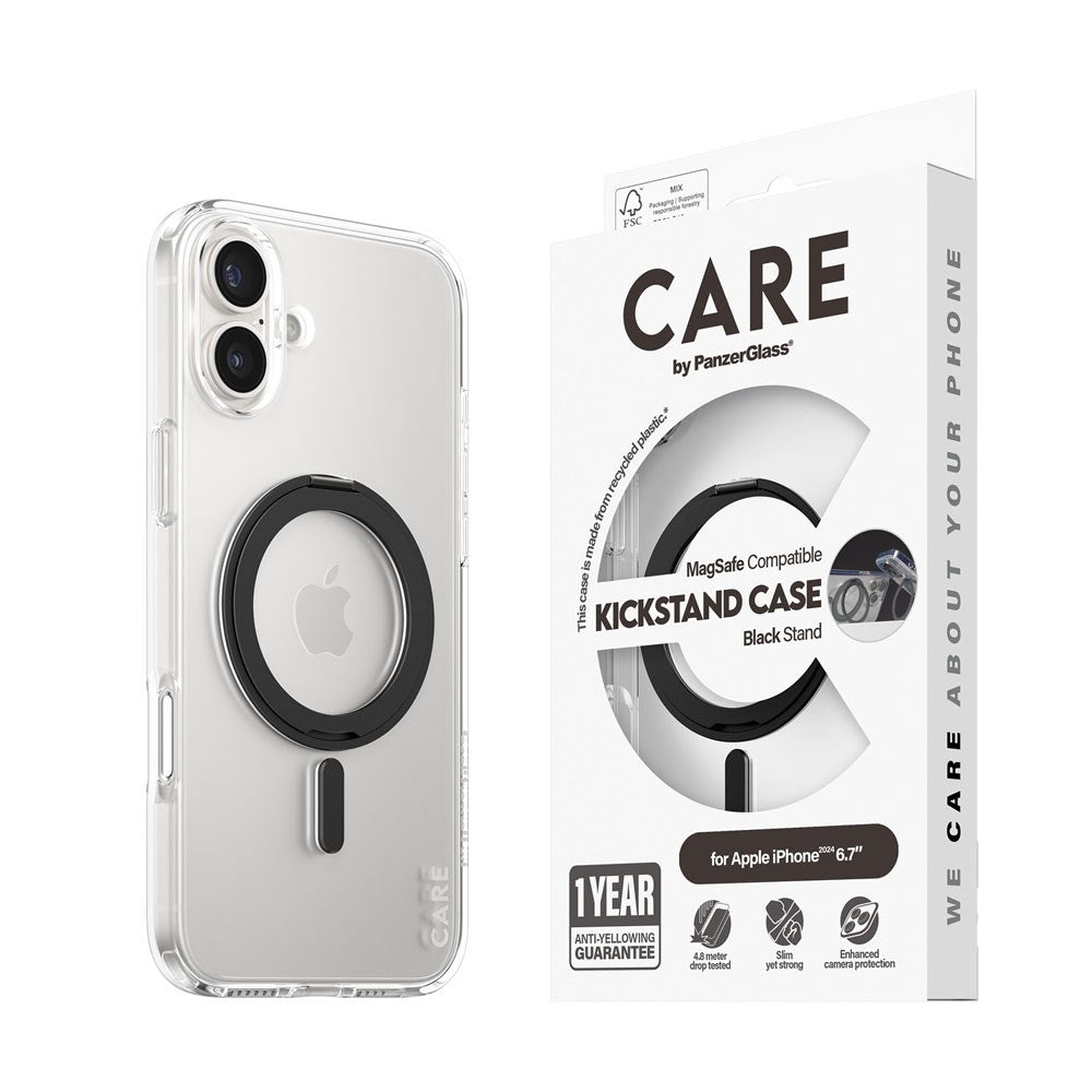 CARE by PanzerGlass iPhone 16 Plus Feature Kickstand Cover - MagSafe Kompatibel - Transparent / Black