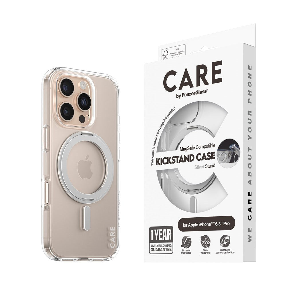 CARE by PanzerGlass iPhone 16 Pro Feature Kickstand Cover - MagSafe Kompatibel - Transparent / Silver