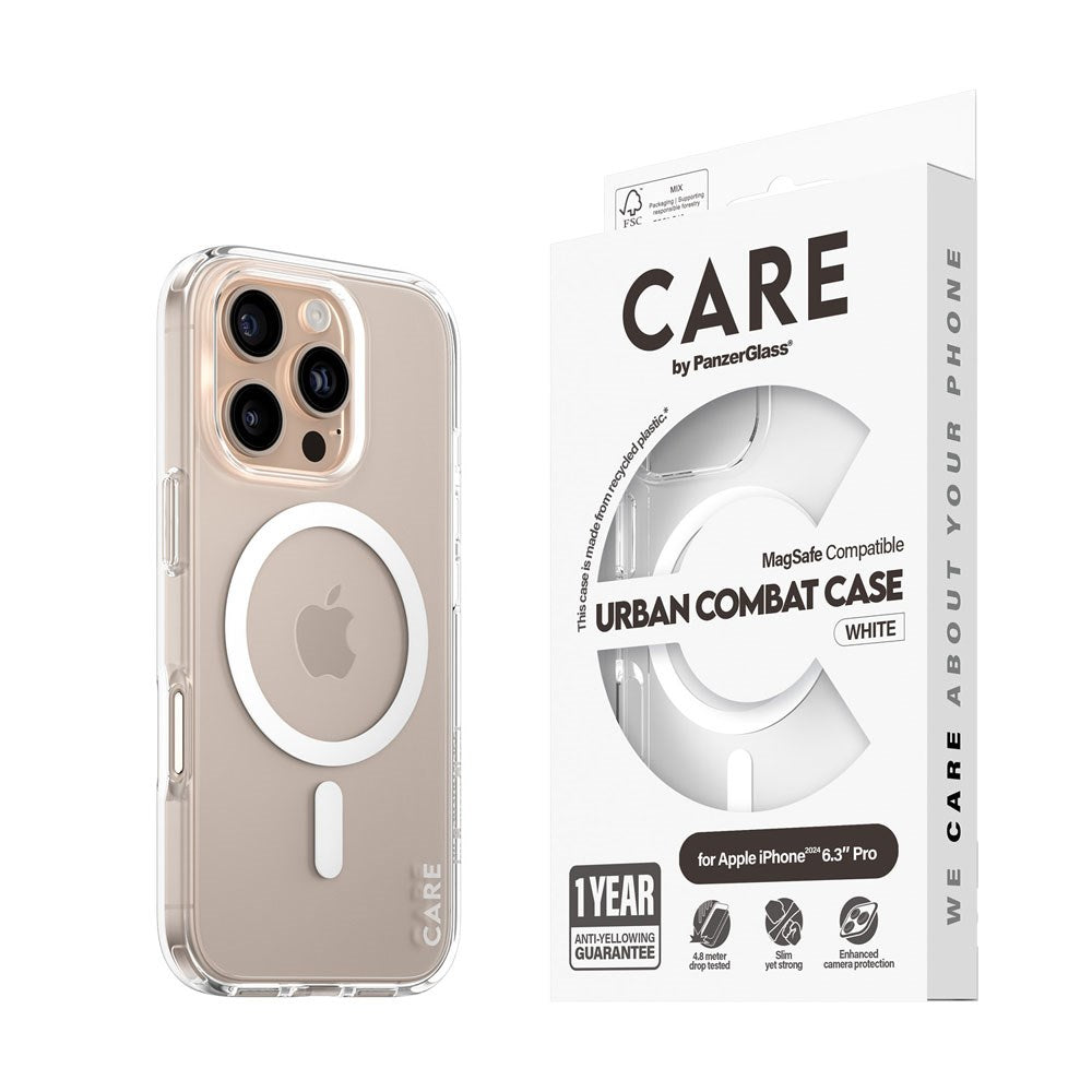 CARE by PanzerGlass iPhone 16 Pro FLAGSHIP Urban Combat Cover - MagSafe Kompatibel - Transparent / White