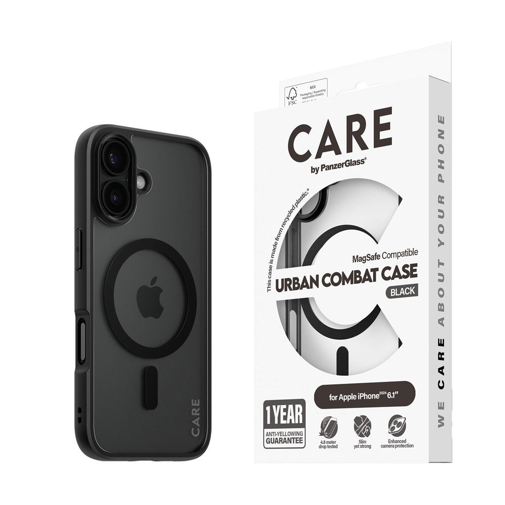 CARE by PanzerGlass iPhone 16 FLAGSHIP Urban Combat Cover - MagSafe Kompatibel - Transparent / Black Frame