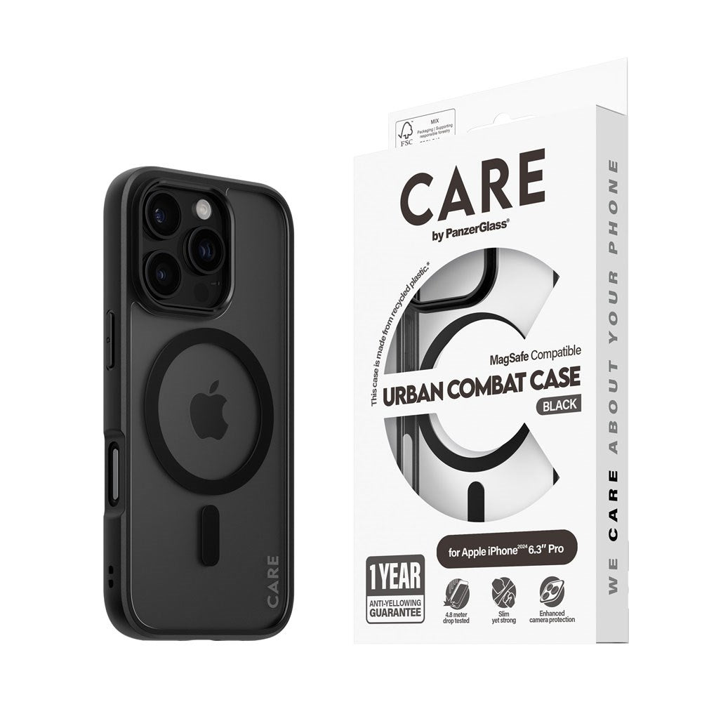 CARE by PanzerGlass iPhone 16 Pro FLAGSHIP Urban Combat Cover - MagSafe Kompatibel - Transparent / Black Frame