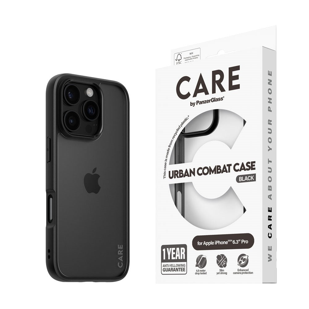 CARE by PanzerGlass iPhone 16 Pro FLAGSHIP Urban Combat Cover - Transparent / Black Frame
