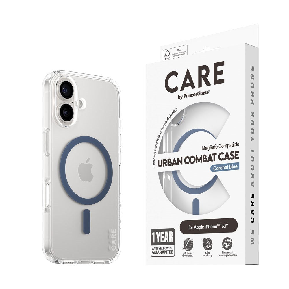 CARE by PanzerGlass iPhone 16 FLAGSHIP Urban Combat Cover - MagSafe Kompatibel - Transparent / Coronet Blue