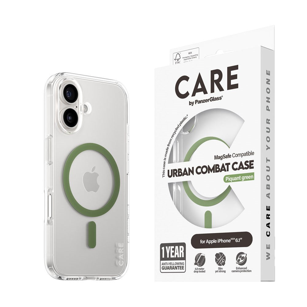 CARE by PanzerGlass iPhone 16 FLAGSHIP Urban Combat Cover - MagSafe Kompatibel - Transparent / Piquant Green