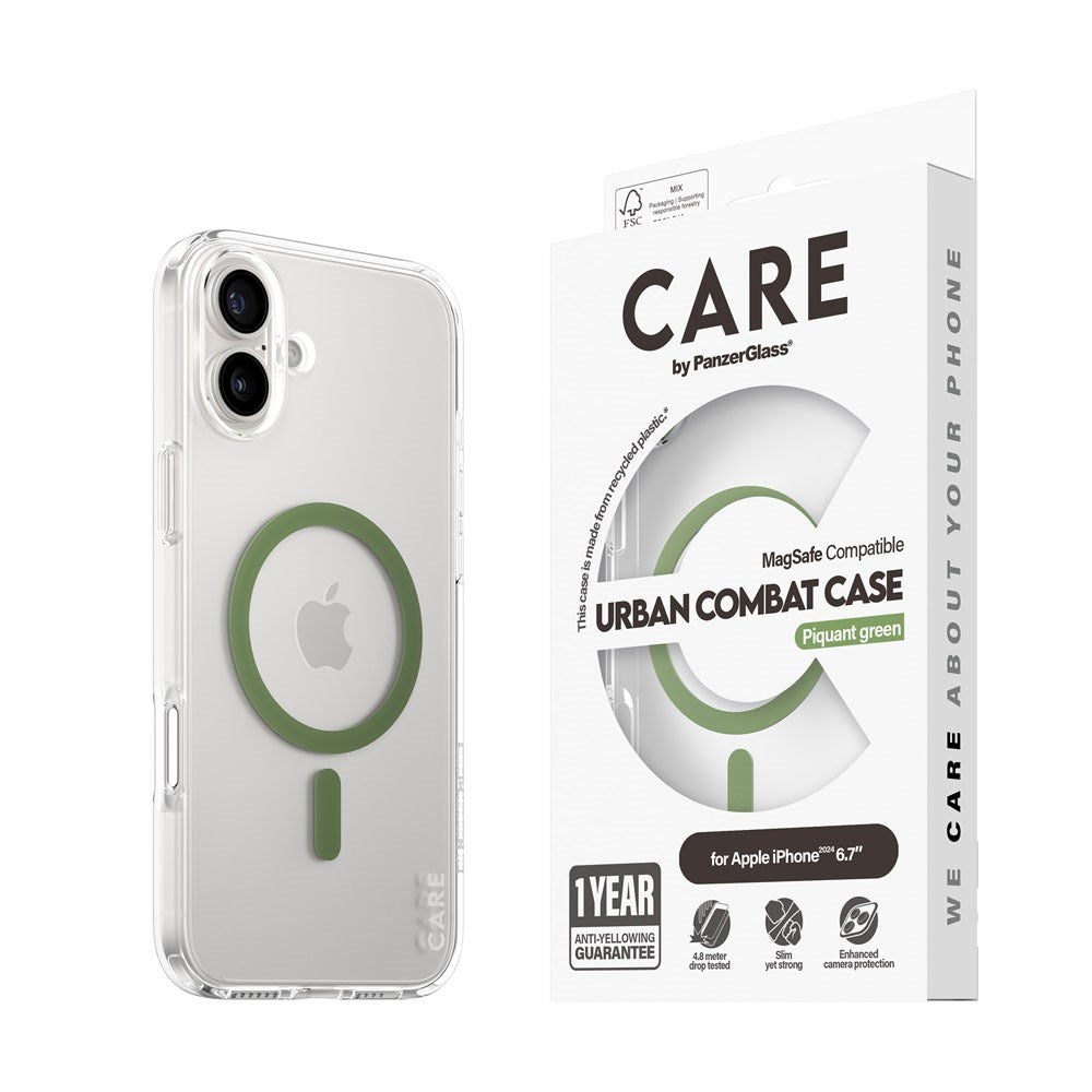 CARE by PanzerGlass iPhone 16 Plus FLAGSHIP Urban Combat Cover - MagSafe Kompatibel - Transparent / Piquant Green