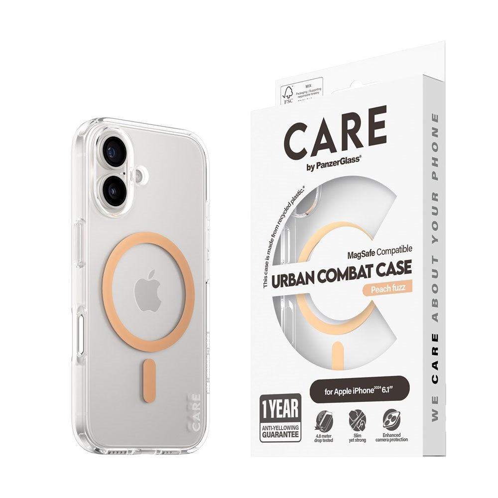 CARE by PanzerGlass iPhone 16 FLAGSHIP Urban Combat Cover - MagSafe Kompatibel - Transparent / Peach Fuzz