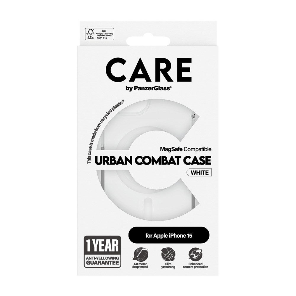 CARE by PanzerGlass iPhone 15 FLAGSHIP Urban Combat Cover - MagSafe Kompatibel - Transparent / White