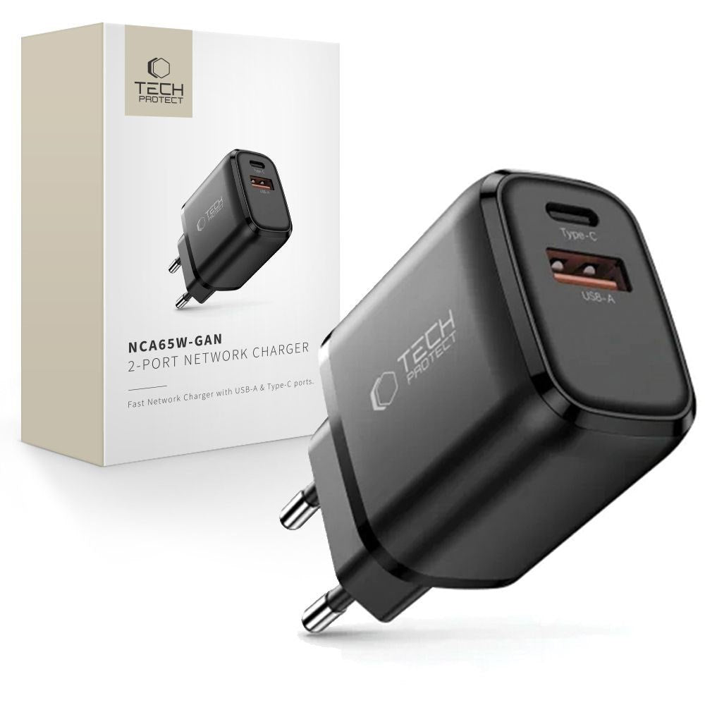 Tech-Protect Vægoplader m. 1x USB-C & 1x USB-A - 65W - Sort