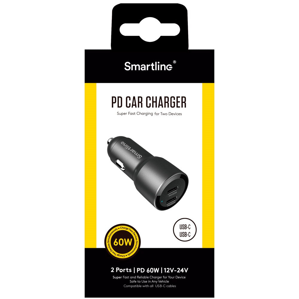 Smartline 60W Biloplader 2 x USB-C m. Power Delivery - Sort