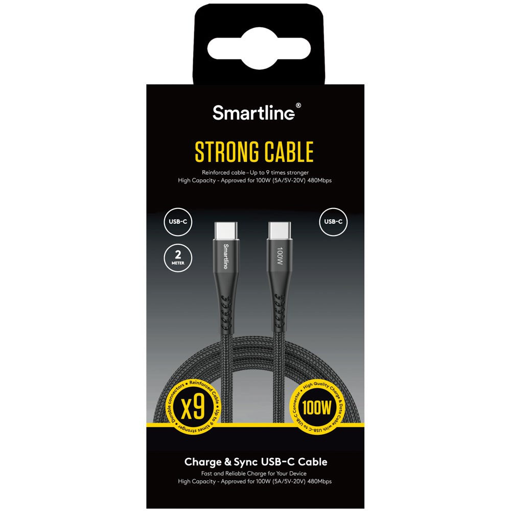 Smartline 100W USB-C til USB-C Opladerkabel - 2m - Sort