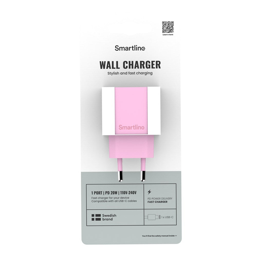 Smartline Vægoplader m. 1 x USB-C - 20W - Lyserød