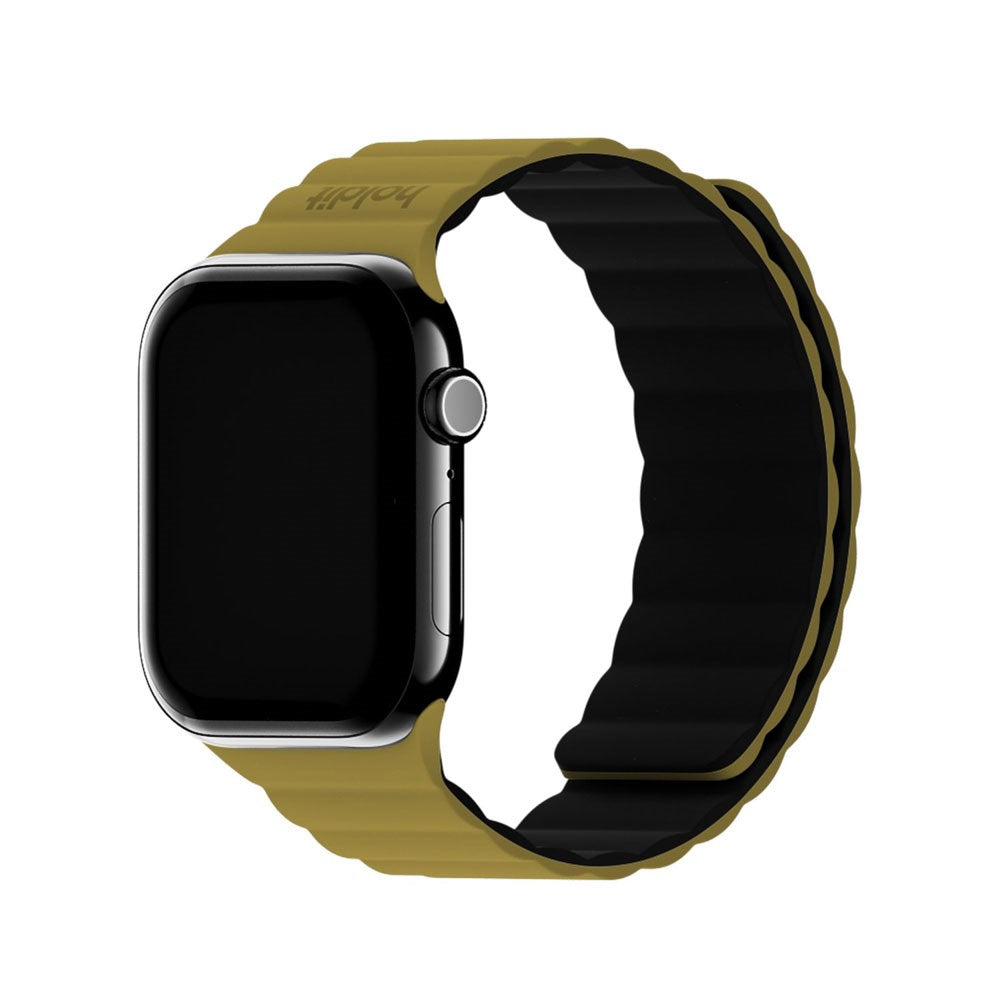 Apple Watch (42/44/SE/45/46/49mm) Holdit Silikone Rem m. Magnetlukning - Warm Olive / Black