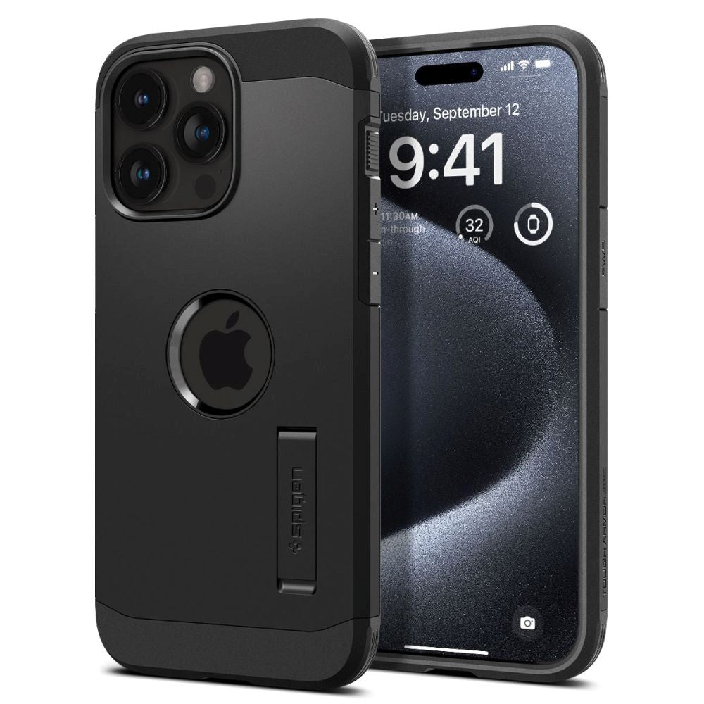 iPhone 15 Pro Max Spigen Tough Armor Case m. Kickstand - MagSafe Kompatibel - Sort - (DEMO)