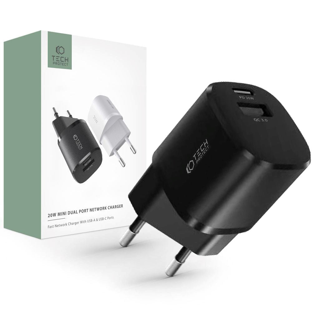 Tech-Protect 20W Vægoplader m. 1 x USB-A QC & 1 x USB-C PD - Sort