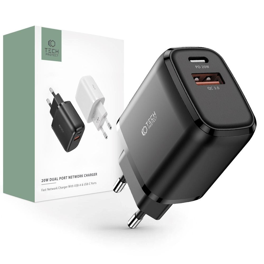 Tech-Protect 20W Vægoplader m. 1 x USB-C & 1 x USB-A - Sort