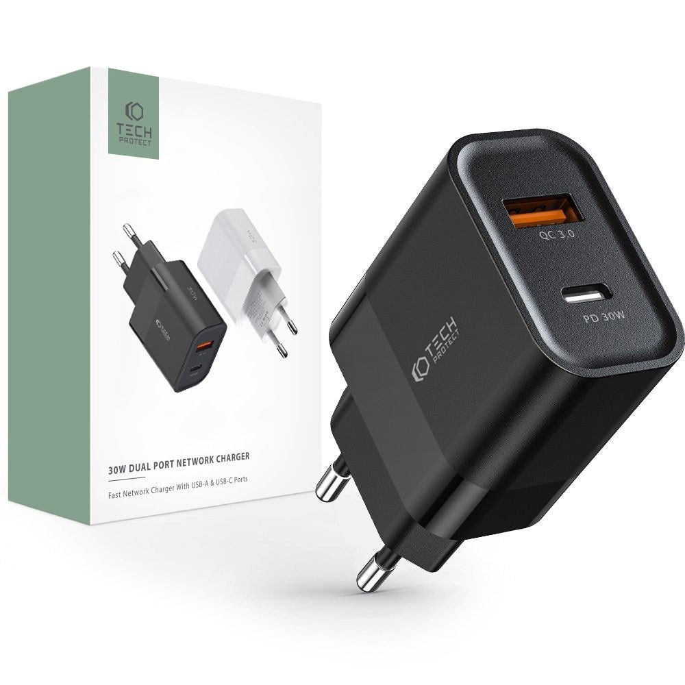 Tech-Protect 30W Vægoplader m. 1 x USB-C & 1 x USB-A - Sort