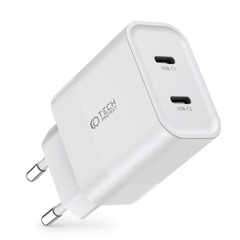 Tech-Protect 20W Vægoplader m. 2 x USB-C - Hvid