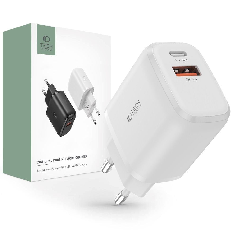 Tech-Protect 20W Vægoplader m. 1 x USB-C & 1 x USB-A - Hvid