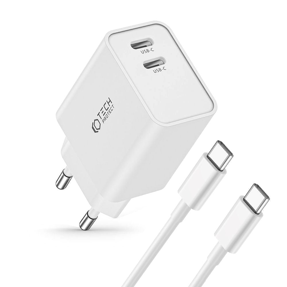 Tech-Protect 35W Vægoplader m. 2 x USB-C & USB-C Kabel - Hvid