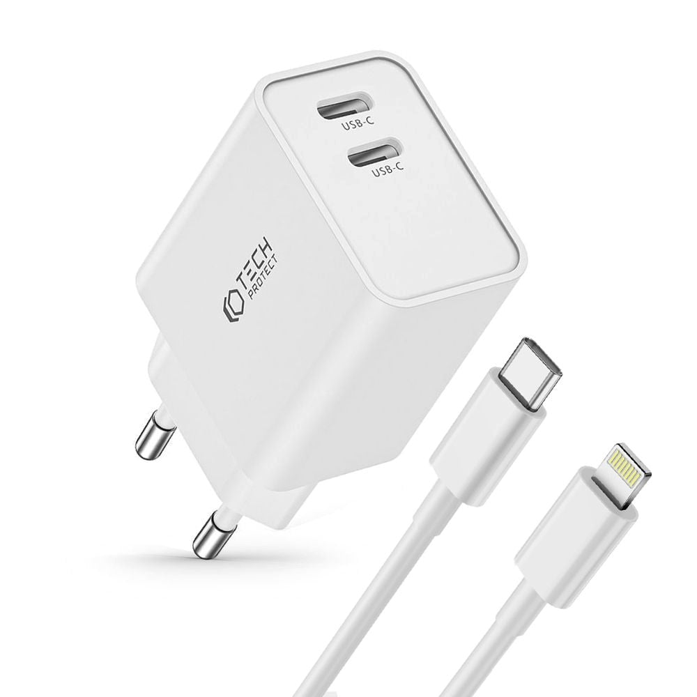 Tech-Protect 35W Vægoplader m. 2 x USB-C & Lightning Kabel - Hvid
