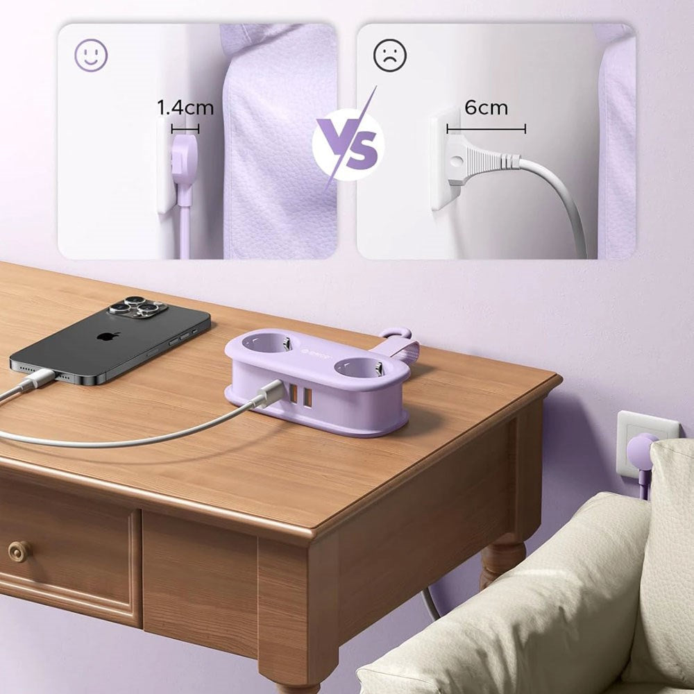 ORICO 5-i-1 Strømskinne m. 20W - 2 x Schuko - 2 x USB-A - 1 x USB-C - Lilla