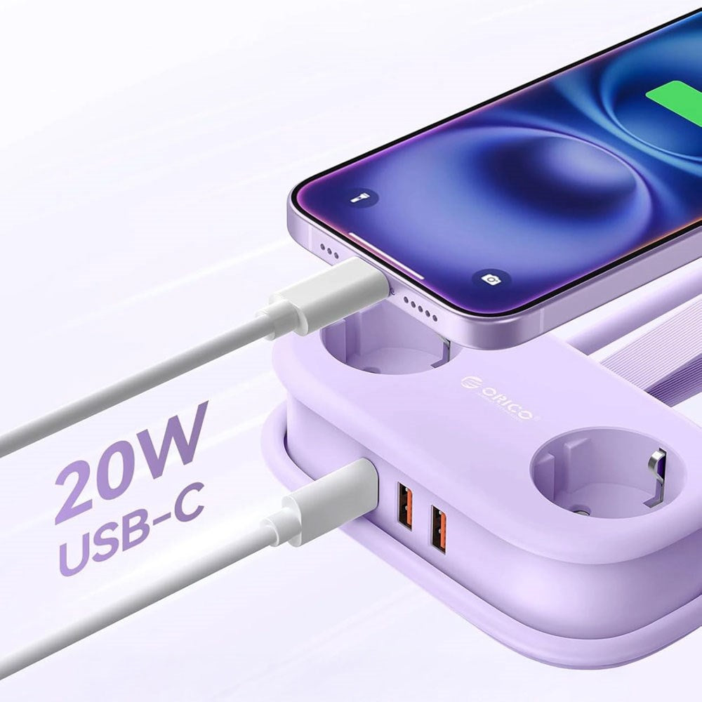 ORICO 5-i-1 Strømskinne m. 20W - 2 x Schuko - 2 x USB-A - 1 x USB-C - Lilla